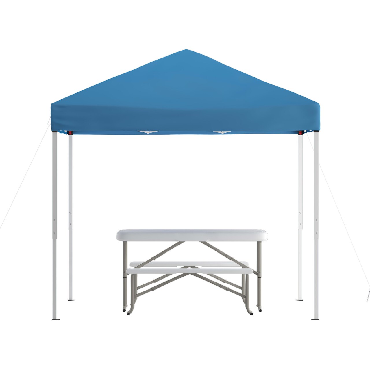 Emma and Oliver Portable Tailgate, Camping or Event Set with White Pop Up Event Canopy Tent with Carry Bag and Folding Table with Benches Set